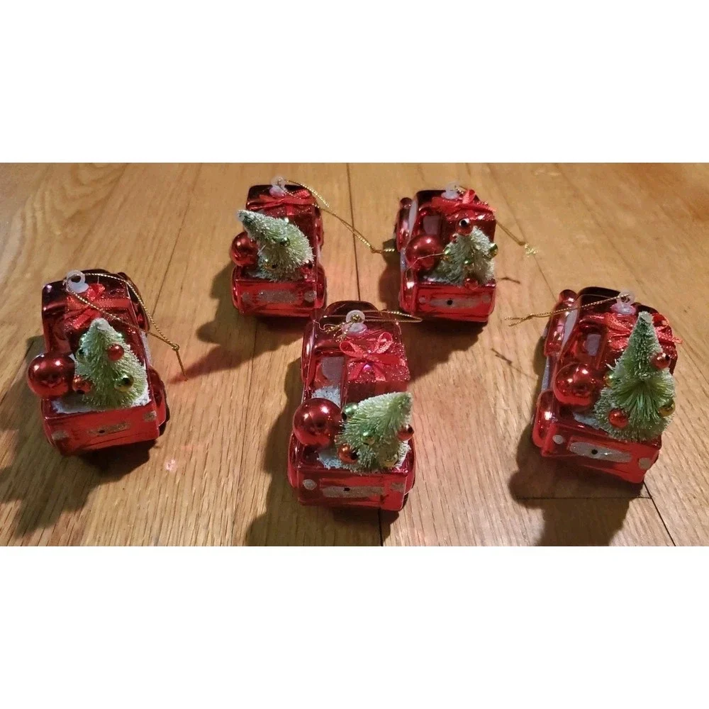 Retro Style Shiny Red Truck Christmas Ornaments Lot Of 5